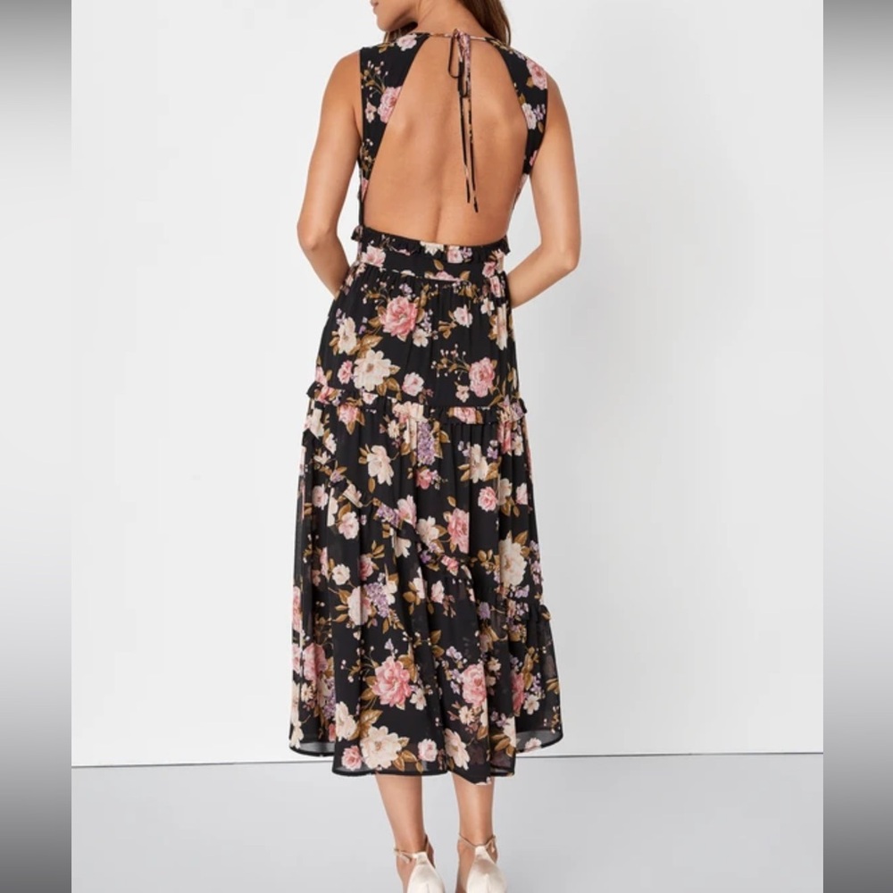 Black Floral Ruffled Backless Midi Dress - Picture 3 of 10